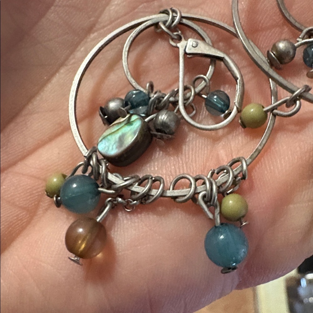 ABALONE SHELL AND BEADED DOUBLE SILVER LOOPED DROP DANGLE LEVERBACK 2.8"EARRINGS - Picture 7 of 10